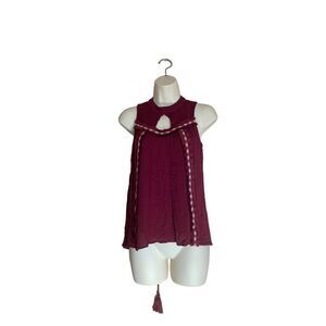 Moon River Maroon Keyhole Tie Back Sleeveless Blouse